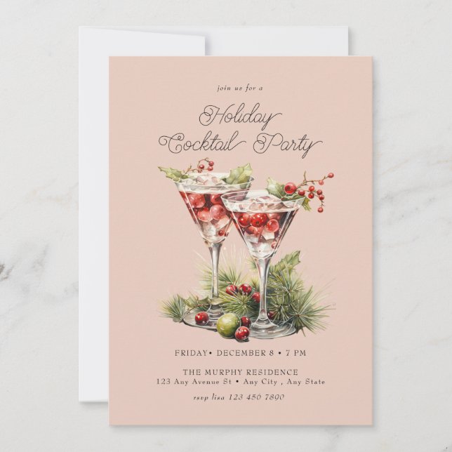 Invitación Navidades festivos Fiesta de cócteles acuarela (Anverso)