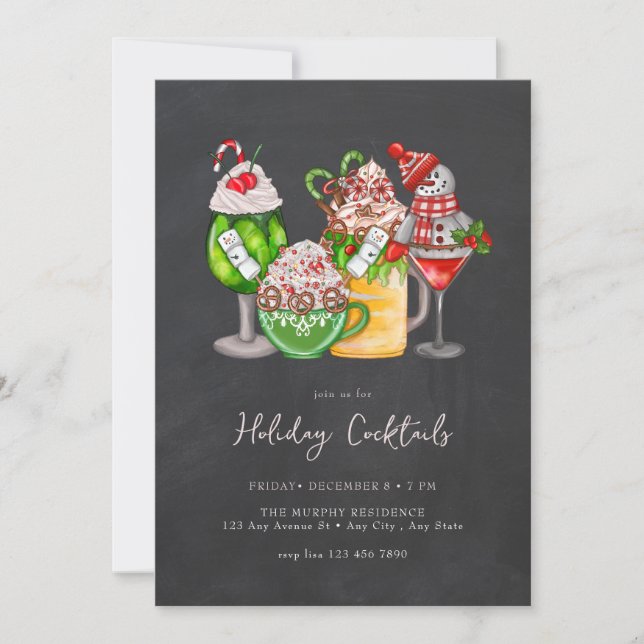 Invitación Navidades festivos Fiesta de cócteles acuarela (Anverso)
