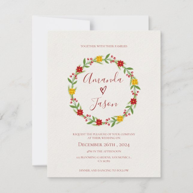 Invitación Navidades festivos usan boda floral verde rojo (Anverso)