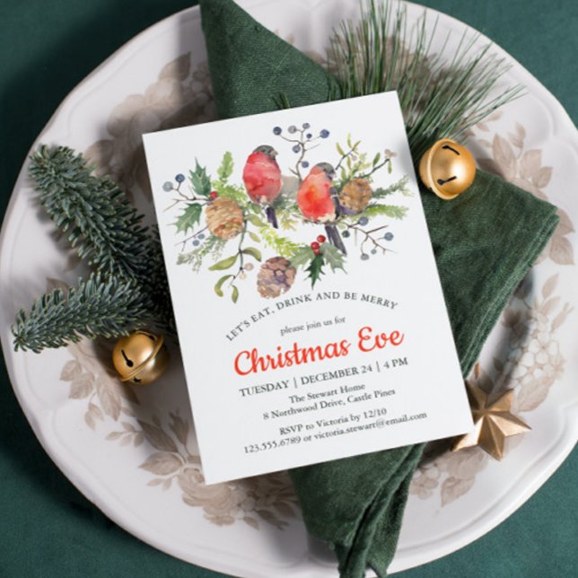 Invitación Navidades festivos vísperas acuarela Bullfinch Flo (Subido por el creador)