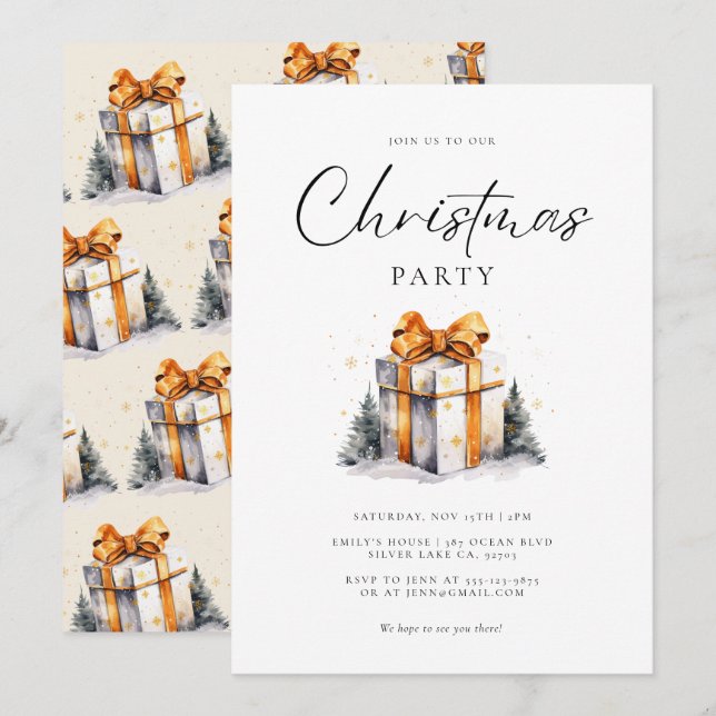 Invitación Navidades Fiesta acuarela dorada (Anverso / Reverso)