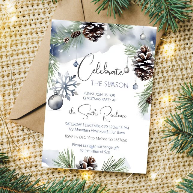 Invitación Navidades fiesta acuarela pinos nevados (Celebrate the season Christmas dinner party editable template invitation digital download watercolor)
