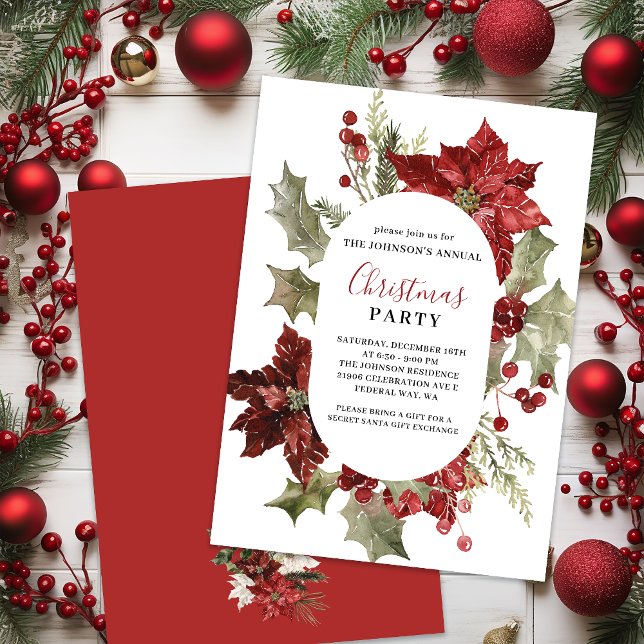 Invitación Navidades Fiesta acuarela Poinsettia Wreath (Christmas Party Watercolor Poinsettia Wreath Invitation
)