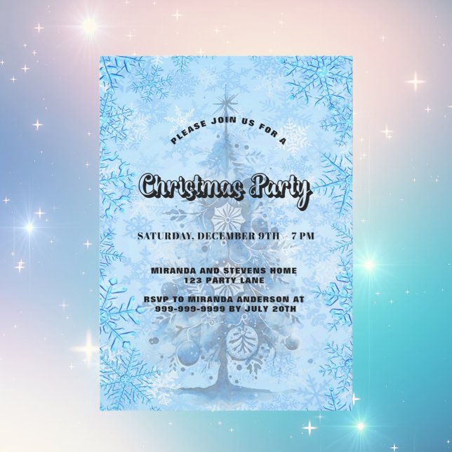 Invitación Navidades fiesta árbol azul copos de nieve lujo (Subido por el creador)