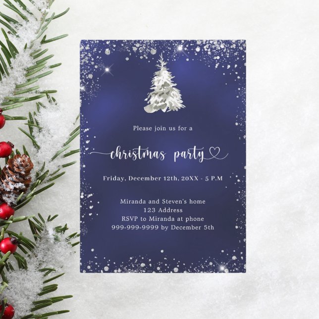 Invitación Navidades Fiesta árbol de nieve plateado azul (Subido por el creador)