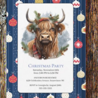 Invitación Navidades Fiesta azul Baubles Highlander Cow