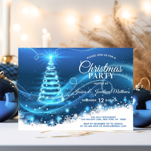 Invitación NAVIDADES FIESTA AZUL Twinkle Luces Árbol de nieve (CHRISTMAS PARTY BLUE Twinkle Lights Snow Tree Invitation)