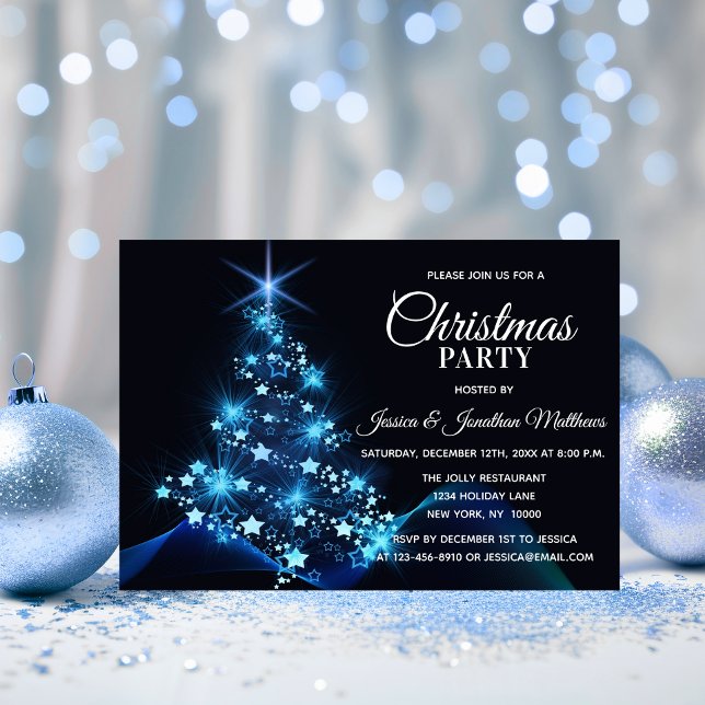 Invitación NAVIDADES FIESTA AZUL Twinkle Luces Árbol de nieve (CHRISTMAS PARTY BLUE Twinkle Lights Snow Tree Invitation)