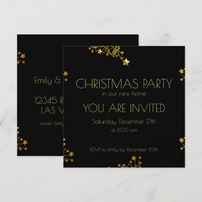 Invitación Navidades Fiesta Black Gold Decorativas Estrellas  (Anverso / Reverso)