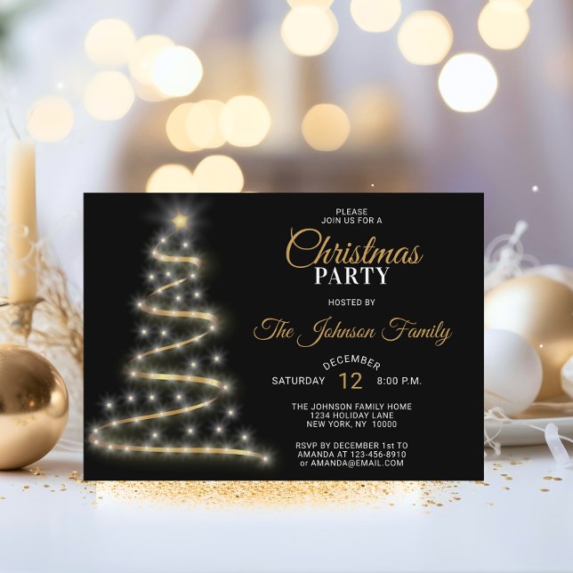 Invitación NAVIDADES FIESTA Black Gold Purpurina Stars Tree (CHRISTMAS PARTY Black Gold Glitter Stars Tree Invitation)