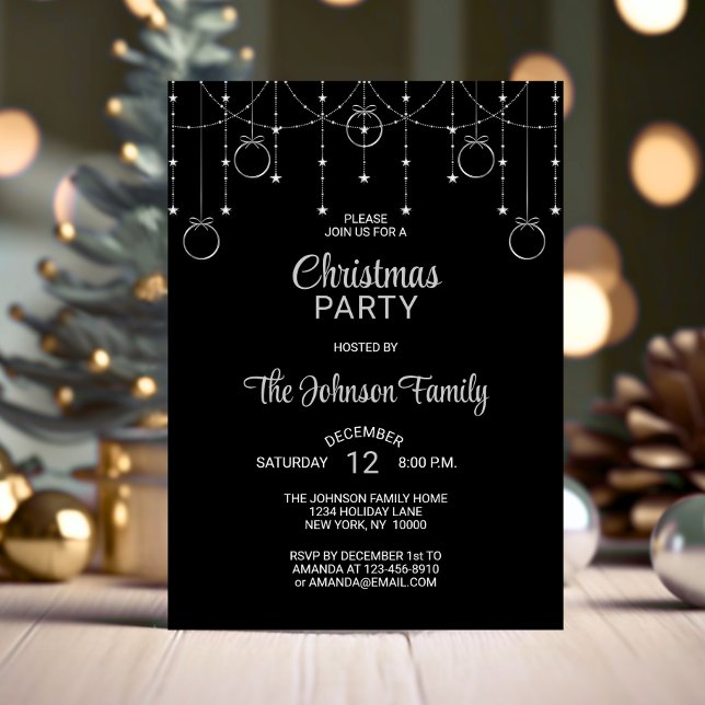 Invitación NAVIDADES FIESTA Black Silver Purpurinas Stars (CHRISTMAS PARTY Black Silver Glitter Stars Invitation)