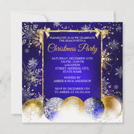 Invitación Navidades Fiesta Blue Gold Bauble Snowflake