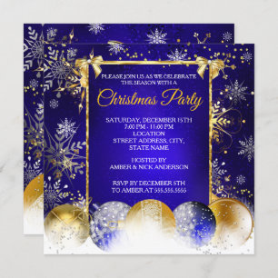 Invitación Navidades Fiesta Blue Gold Bauble Snowflake