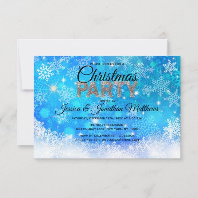 Invitación NAVIDADES FIESTA Blue White Snowflakes Purpurina d (Anverso)