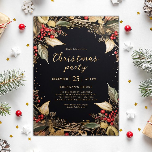 Invitación Navidades Fiesta Botánico Negro Y Oro Vacaciones (Christmas Party Botanical Black And Gold Holiday Invitation)