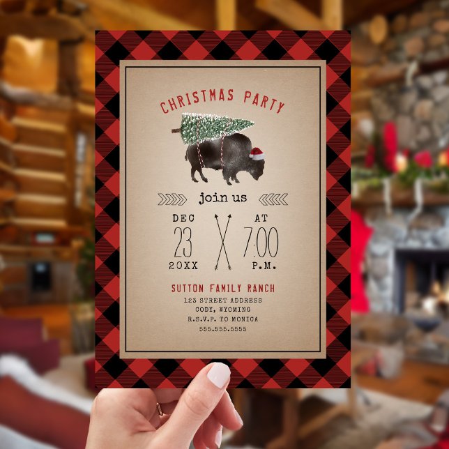 Invitación Navidades Fiesta Buffalo Bison Tree Rustic Plaid (Subido por el creador)