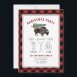 Invitación Navidades Fiesta Buffalo Bison Tree Santa Red Plai<br><div class="desc">Ilustracion de un bisonte de búfalo con sombrero de santa y árbol de Navidad atado a la espalda. Diseño de borde de manchas de búfalo negro y rojo con texto negro y rojo.</div>