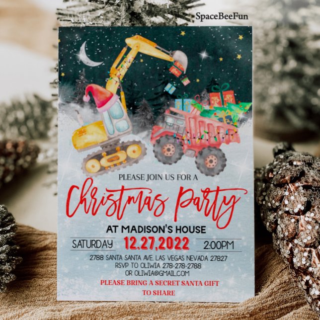 Invitación Navidades Fiesta Camión Rojo Regalo Construcción N (Christmas Party invites Red Truck Gift invitation Construction Birthday invitation Winter Christmas )