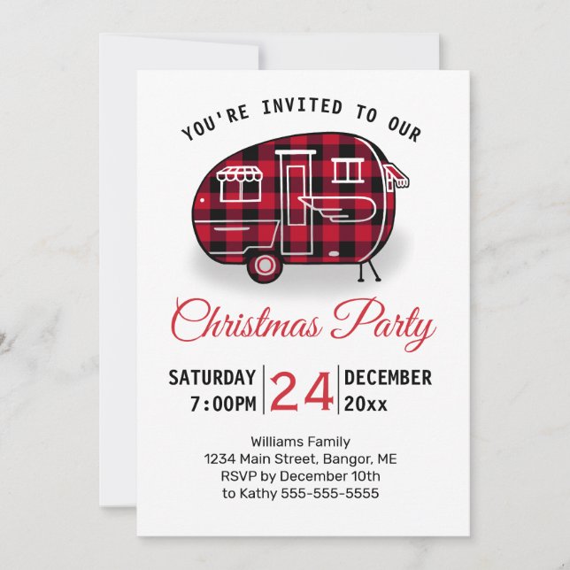 Invitación Navidades Fiesta Camper Red Buffalo Plaid Holiday (Anverso)