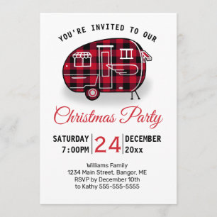 Invitación Navidades Fiesta Camper Red Buffalo Plaid Holiday