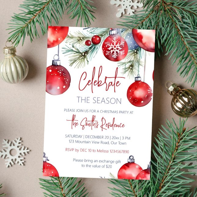 Invitación Navidades fiesta celebran la temporada (Celebrate the season Christmas party template invitation instant download watercolor red baubles )