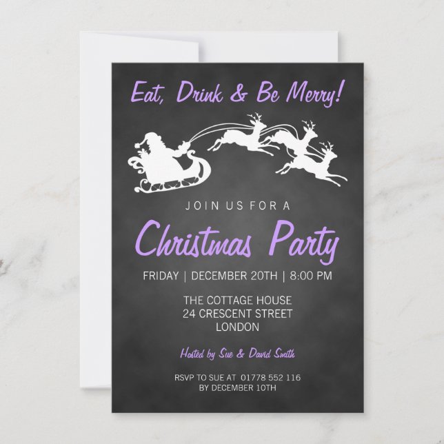 Invitación Navidades Fiesta Chalkboard Santa Purple (Anverso)