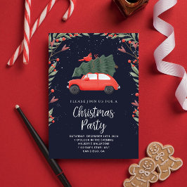 Invitación Navidades Fiesta Coche Rojo y Vino Verde Nevado