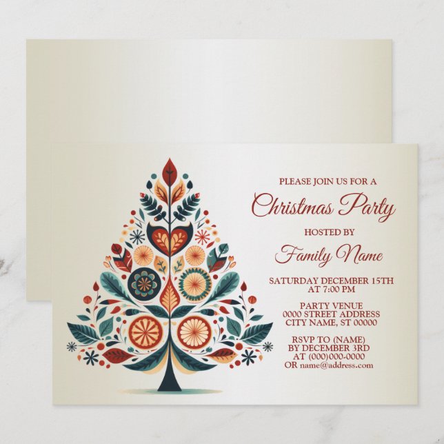 Invitación Navidades Fiesta Colorido Árbol Escandinavia Arte  (Anverso / Reverso)