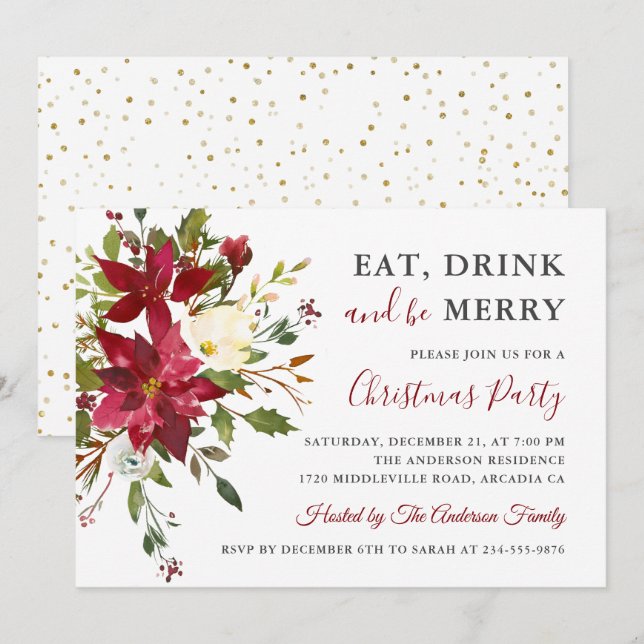 Invitación Navidades Fiesta Comer Bebida Ser Feliz feriado (Anverso / Reverso)