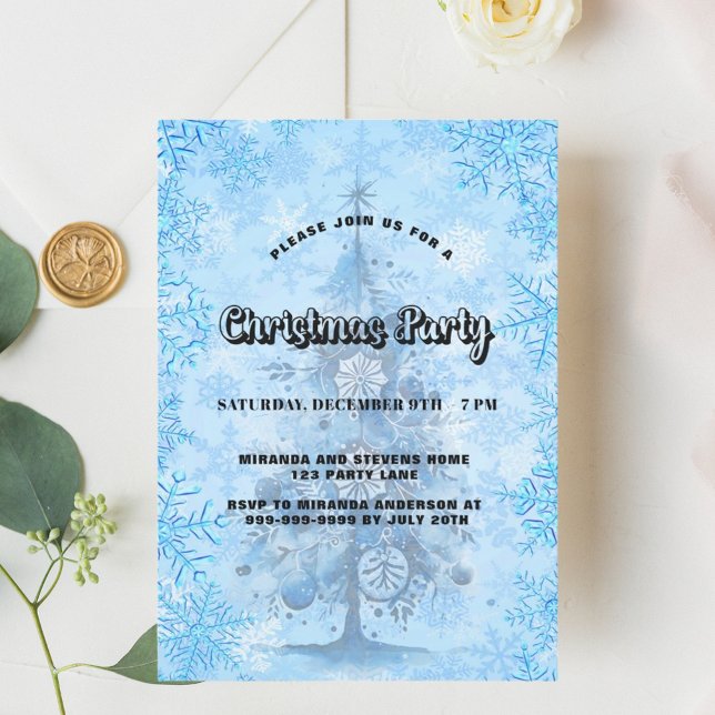 Invitación Navidades fiesta copos de nieve de árbol azul (Subido por el creador)