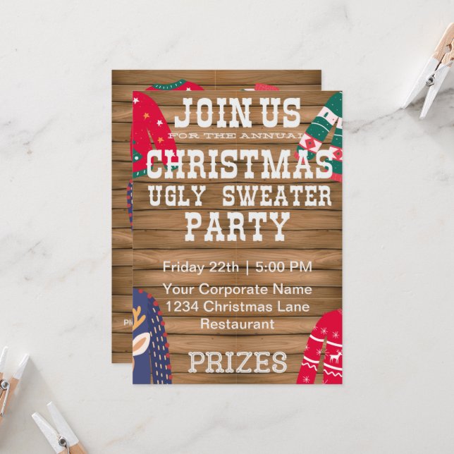 Invitación Navidades fiesta corporativo suéter fea Wooden (Anverso/Reverso In Situ)