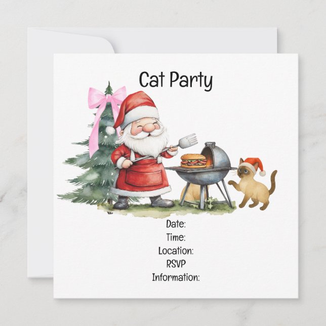Invitación Navidades Fiesta de barbacoa con Papá Noel y gato (Anverso)