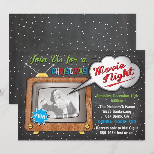 Invitación Navidades Fiesta de cine nocturno retro TV (Anverso / Reverso)