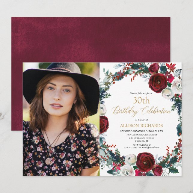 Invitación Navidades fiesta de cumpleaños foto de oro de Borg (Anverso / Reverso)