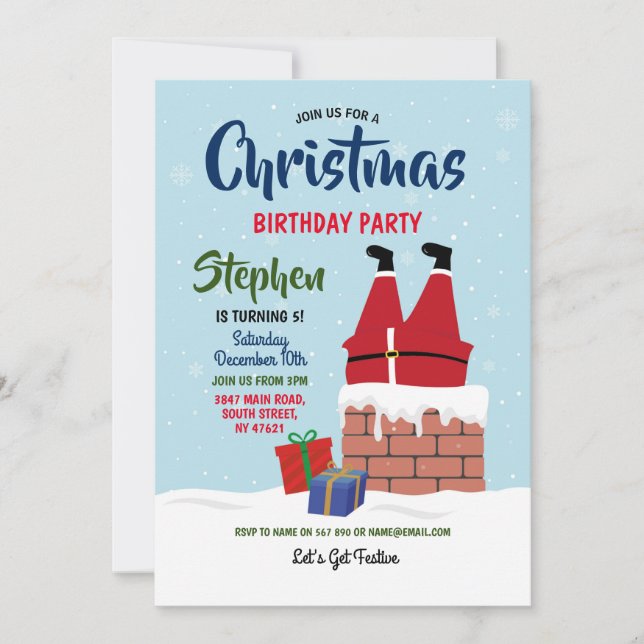 Invitación Navidades Fiesta de cumpleaños Santa Chimney (Anverso)