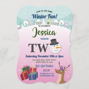 Invitación Navidades Fiesta de cumpleaños Santa Snowman Pink