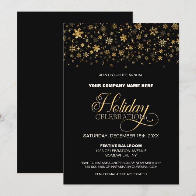 Invitación Navidades fiesta de feriado negro con copas de nie (Anverso / Reverso)