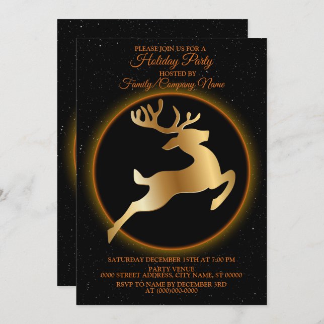 Invitación Navidades Fiesta de Golden Reindeer Black Holidays (Anverso / Reverso)
