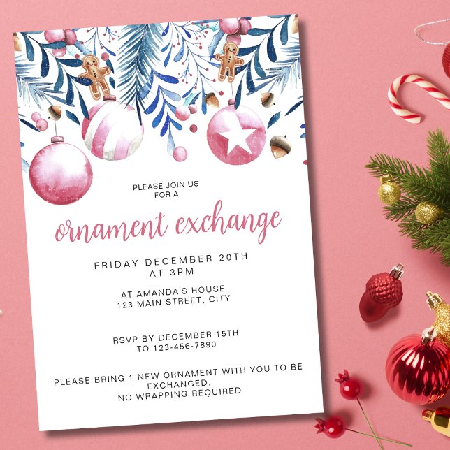 Invitación Navidades Fiesta de intercambio de ornamentos rosa (Subido por el creador)