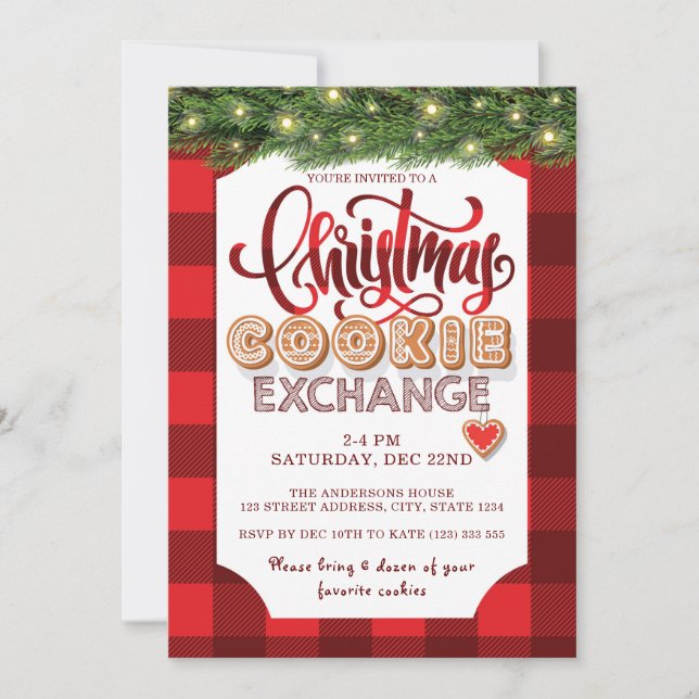 Invitación Navidades Fiesta de Red Plaid Cookie Exchange (Anverso)