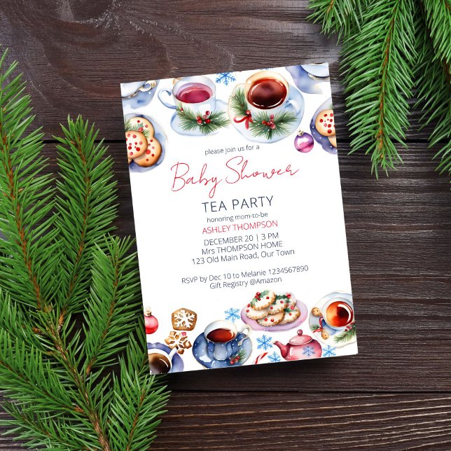 Invitación Navidades fiesta de té modelo de ducha de bebé (Christmas tea party baby shower editable template invitation digital download watercolor tea cups)
