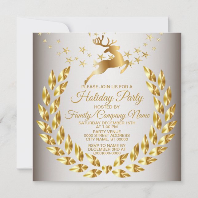 Invitación Navidades Fiesta de vacaciones de renos dorados (Anverso)