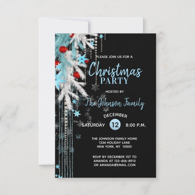 Invitación NAVIDADES FIESTA Decoración Plata Azul Copos de Ni (Anverso)