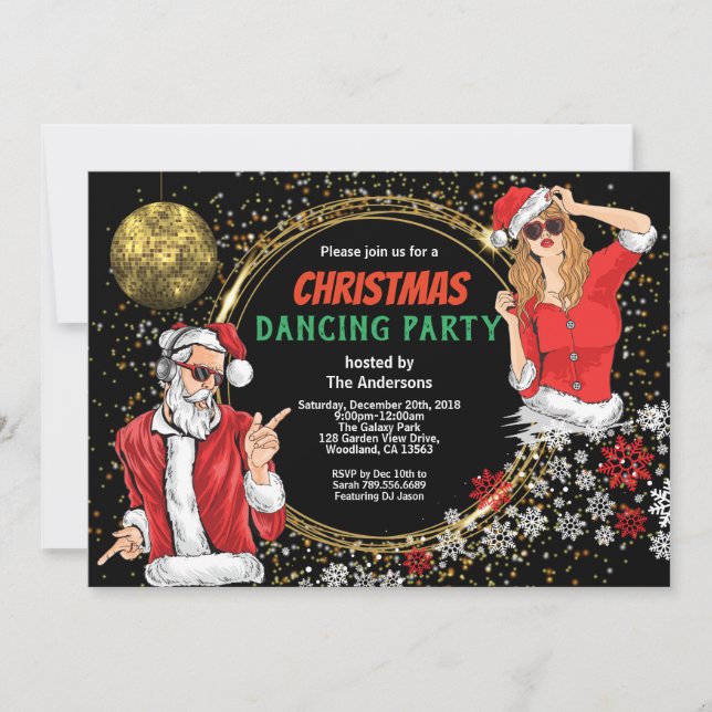 Invitación Navidades fiesta DJ baile baile sucio santa oro (Anverso)