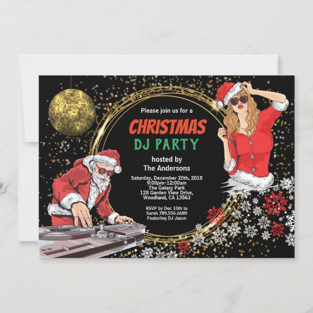 Invitación Navidades fiesta DJ baile baile sucio santa oro (Anverso)