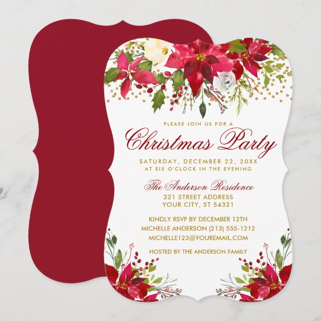 Invitación Navidades Fiesta Floral Red Poinsettia Gold Purpur (Anverso / Reverso)
