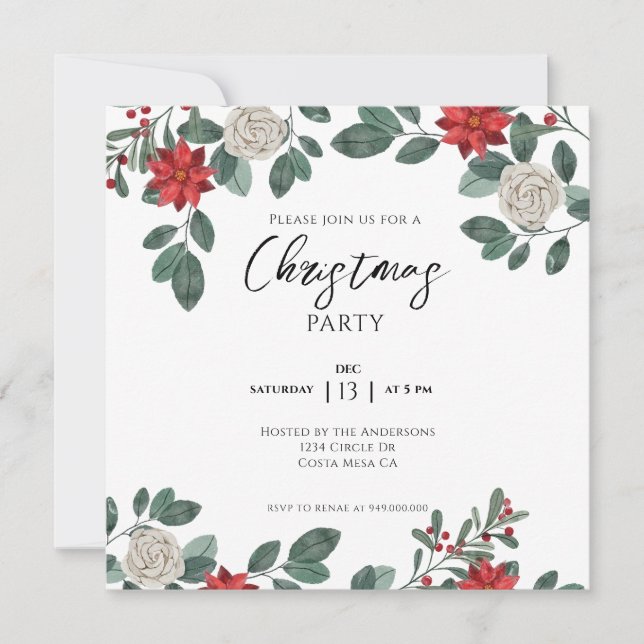 Invitación Navidades Fiesta Floral Verde Rojo (Anverso)