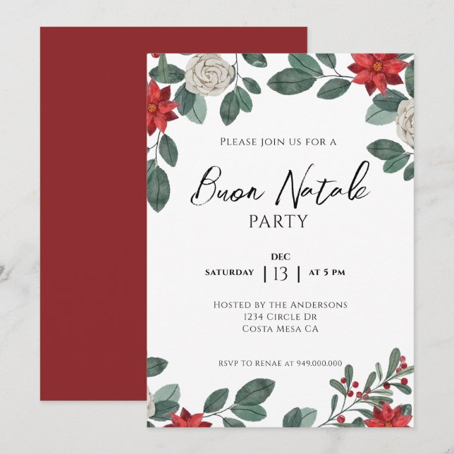 Invitación Navidades Fiesta Floral Verde Rojo (Anverso / Reverso)