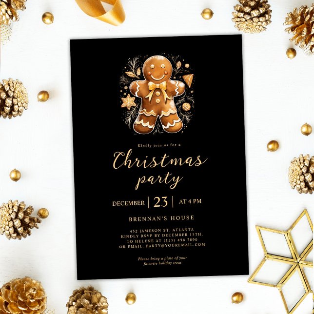 Invitación Navidades Fiesta Gingerbread Feriado Negro de Oro (Christmas Party Gingerbread Gold Black Holiday Invitation)