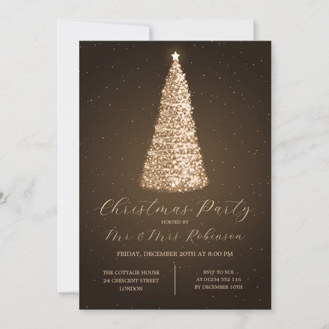 Invitación Navidades Fiesta Glam Gold Tree Sparkle (Anverso)